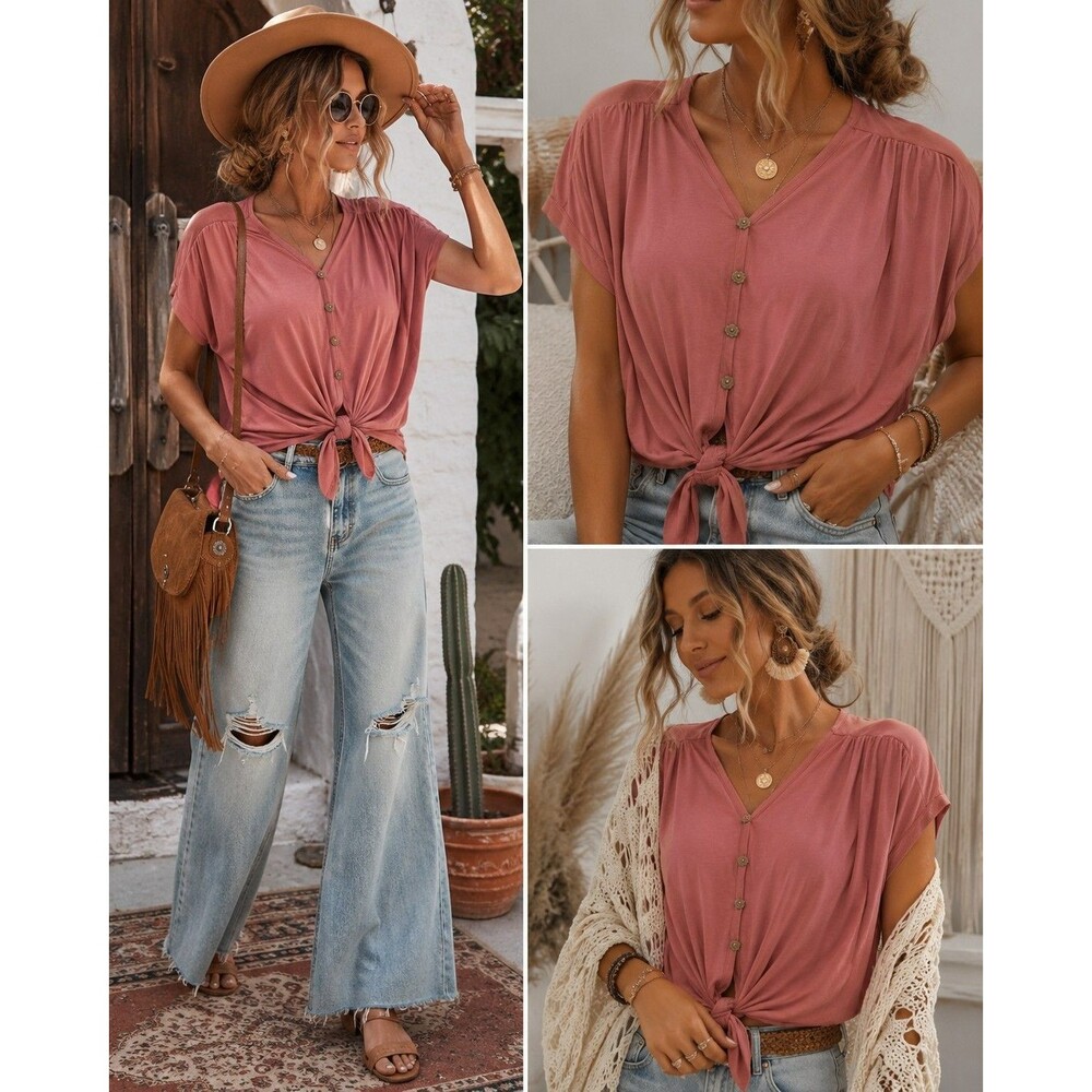 Matilda Jane Women’s Large Dusty Rose Tie Front Henley Knit Top NWT Boutique